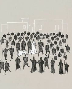 a drawing of people standing in the middle of a crowd