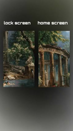 two paintings of ancient ruins and trees with the words lock screen home screen on them