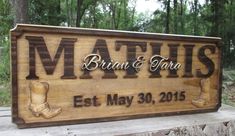 custom wood carved name sign with Cowboy boots. Western Wedding Gifts, Cowboy Names, Horse Stall Sign, Western Couple, Last Name Wood Sign, Western Family, Stall Signs, Harley Davidson Gifts, Custom Wooden Signs