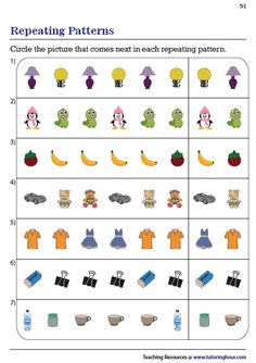 worksheet showing the matching patterns for different objects