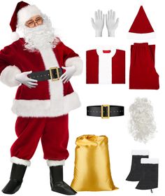 PRICES MAY VARY. Velvet 【Santa Suit Soft Material】Santa Claus Costume for Men is Made Of High Quality Import Velvet. Soft Touch, Skin-Friendly, Breathable and Warm. With This Santa Claus Costume, You Can Make A Visit From Santa an Annual Tradition. Your Family Will Get Best Wishes for The Coming Year With This Santa Suit! 【Santa Claus Costume Include】Deluxe Complete Santa Suit Include: 1*Christmas Jacket, 1*Pants, 1*Beard, 1*Black Vinyl Belt,2* Boots, 1*Golden Gift Bag, 1*Santa Hat, 2*Gloves.San