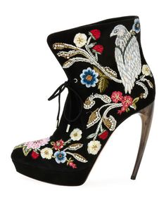 Alexander McQueen Embroidered Lace-Up Bootie, Black Zodiac Boots, Embroidered Shoes, Lace Up Booties, Fashion Seasons, Couture Collection, Black Booties, Embroidered Lace