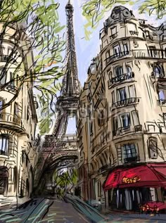 the eiffel tower towering over the city of paris, painted with colored pencils