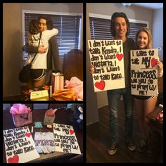 two people holding up signs and posing for pictures