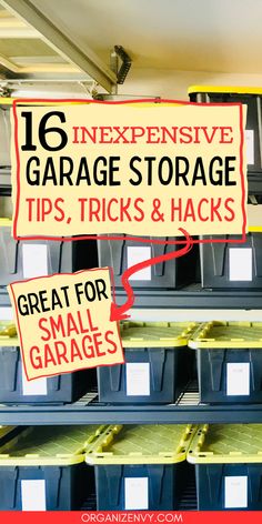 Black garage shelves with black storage bins Large Garage Storage Ideas, Single Garage Organization, Narrow Garage Storage, Small Garage Organization Ideas Space Saving, Garage Decluttering Ideas, Basement Tool Organization Ideas, How To Store Wood In Garage, Holiday Storage Ideas Garage