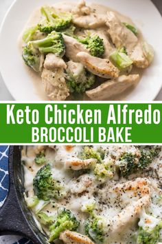 chicken alfredo broccoli bake in a skillet with the words, keto chicken alfredo broccoli bake