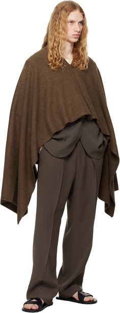 Knit wool poncho. · V-neck · Unlined Supplier color: Top brown Satin Trousers, Wool Poncho, Wide Trousers, Poncho Tops, Pleated Trousers, Leather Trousers, Pleated Pants, Polyester Satin, Kyoto