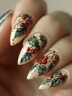 24 Xmas Nail Design Ideas For Christmas In 2024 Holly Berry Nail Art, Christmas Nails Poinsettia, Christmas Nails Vintage, Intricate Christmas Nails, Elegant Xmas Nails, Pointsetta Nail Design, Christmas Gnome Nail Designs, Christian Christmas Nails, Holly Nails Christmas