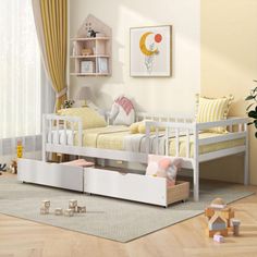 a child's bedroom with white furniture and yellow curtains