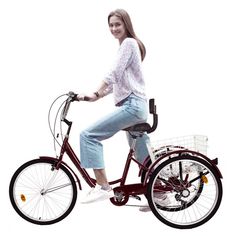 the woman is riding her bike on the white background