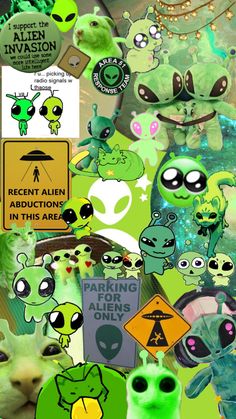 an alien collage with various stickers on it