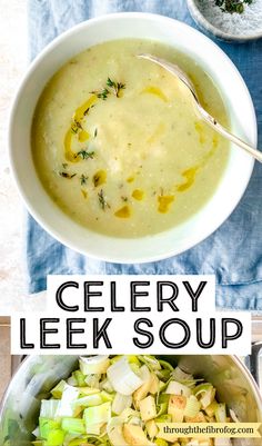 labelled celery leek soup in a white bowl on a blue cloth and ingredients in a metal pot on a stove top. Leek Celery Carrot Soup, Leek And Vegetable Soup, Celery And Leek Soup, Leek Broth Soup, Leek Celery Soup, Celery Leek Potato Soup, Leak Soup Crockpot, Turkey Leek Soup, Healthy Leek Soup