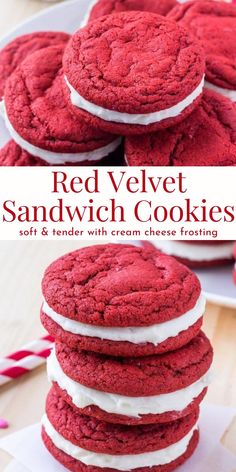 red velvet sandwich cookies with cream cheese frosting are stacked on top of each other