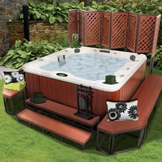 a hot tub sitting on top of a lush green field