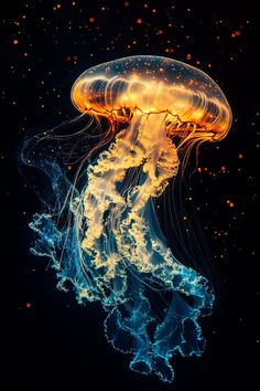 an orange and blue jellyfish floating in the water