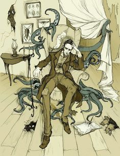 a drawing of a man sitting on a chair with an octopus in his lap and a cat nearby