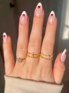 valentines day nails | red nails | white nails | french tips | hearts White French Nails, Hello Nails, Nail Designs Valentines, Summery Nails, French Tip Acrylic Nails, Wrong Number, Almond Nails Designs