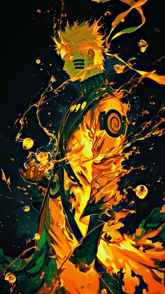 an anime character with yellow and green paint on it's face, surrounded by flames