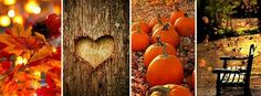 four different pictures with pumpkins and leaves in the foreground, one has a heart on it