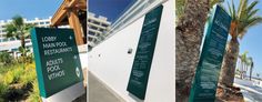 three pictures of the front and side of a building with palm trees in front of it