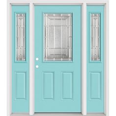 a blue front door with two sidelights and glass panels on the top part of it