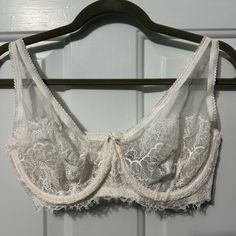 Victoria’s Secret Very Sexy Collection Unlined Bra. 36dd. White; Never Worn Fitted Lace Bra With Sheer Details, Fitted Lace Sheer Bra, Sheer Feminine Fitted Bra, Feminine Sheer Fitted Bra, Fitted Feminine Sheer Bra, Feminine Fitted Sheer Bra, Coquette Lace Trim Bra For Parties, Sheer Full Cup Party Bra, Sheer Full Cup Bra For Party