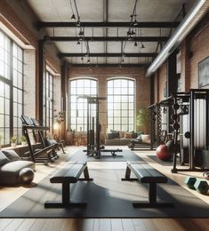 an empty gym with exercise equipment and yoga mats in front of two large windows that look out onto the outdoors