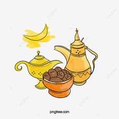 an image of teapots and bowls with food in them on a white background