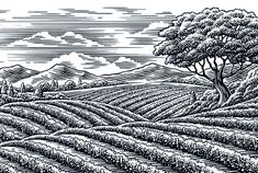 a black and white drawing of a tree in the middle of a field with mountains behind it