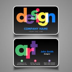 two business cards with the word art on them, both in different colors and shapes