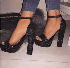 Glitter Shoes Heels, Black Heels Prom, Prom Shoes Black, Glitter Wedding Shoes, Silver Platform Heels, High Heels For Prom, Wedding Shoes Platform, Square Heels, Chunky Heel Sandals