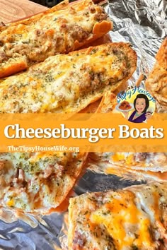 A plate of cheesy french bread topped with ground beef, onions and cheese; 2 jars of pickles slices are in the corner. The brightly colored banner displays the name of the recipe, "Cheeseburger Boats." Ground Beef Sandwich Recipes For Dinner, Hamburger Bread, Hamburger Italian Recipes, Stuff French Bread, Meals With French Bread, Snacks With Ground Beef, French Bread Meals, Ground Beef Subs, French Bread Dinner Recipes