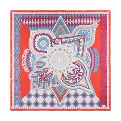 an orange, blue and white square scarf with geometric designs on the border in different colors