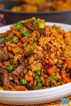 a white bowl filled with rice and meat