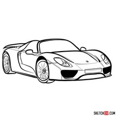 a drawing of a sports car in black and white