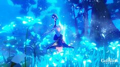 a woman standing in the middle of a forest with blue lights on her head and arms