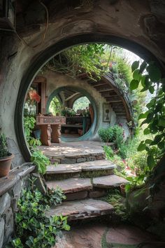 an outdoor area with steps leading up to the entrance and potted plants on either side