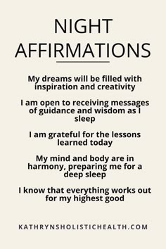 Try these affirmations at night for better sleep and a positive mindset. This will put you into a feel good state filled with gratitude and help you fall asleep. Positive Night Affirmations, Positive Sleep Affirmations, Night Time Affirmations Inspiration, Night Time Affirmations Sleep, Guidance Prayer, Nighttime Positive Affirmations, Sleep Affirmations, Night Affirmations, Night Journal