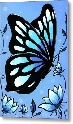 a painting of a blue butterfly on a blue background with white flowers and green leaves