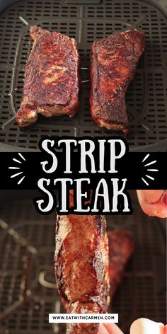 the ribs are being grilled and ready to be cooked on the grill with text overlay that reads strip steak