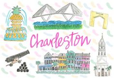 the word charleston surrounded by hand drawn images of buildings, trees, and other things