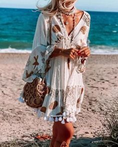 Bohemian 3/4 Sleeves Deep V Neck Tassel Holiday Dresses Bohemian Beach Dress, Womens T Shirt Dress, Printed Beach Dresses, Cute Summer Outfit, Deep V Neck Dress, Womens Fall Dress, Womens Floral Dress, Long Sleeve Print Dress, Bohemian Dress