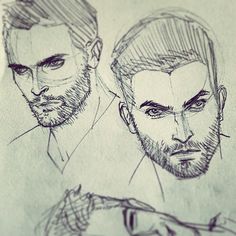 two men with different facial expressions are shown in this sketching technique, one is looking at the camera while the other looks to his left