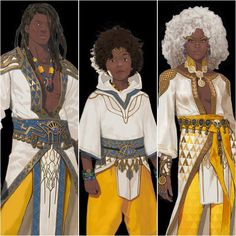 three black men dressed in white and yellow outfits, one with curly hair wearing gold jewelry