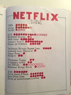 a notebook with the words netflix and shows in red on it, sitting open to show information