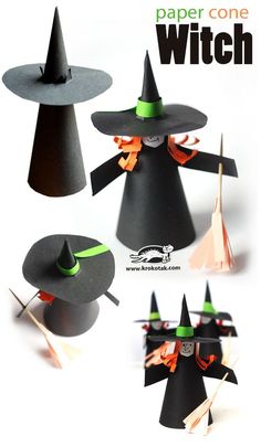 three witches made out of black paper with green and orange hats