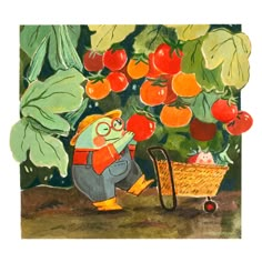 an image of a cartoon character picking tomatoes off the tree with a wheelbarrow