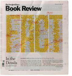 the front page of book review magazine with an image of yellow and red lines on it