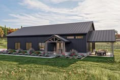 this is an artist's rendering of a modern barn style home in the country