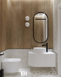 a bathroom with two sinks and a large mirror on the wall next to each other